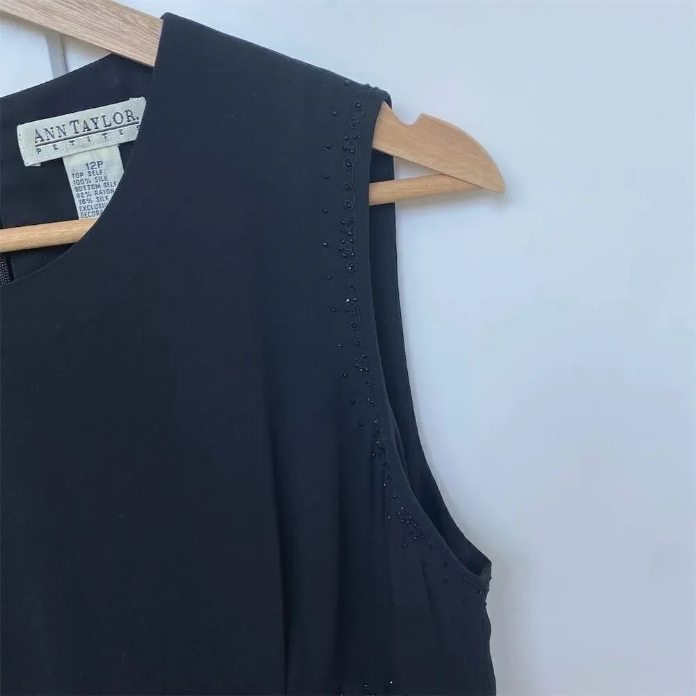 Vintage Ann Taylor Petite Beaded Silk velvet Size 12 Black Sleeveless Mini Dress - Picture 7 of 8